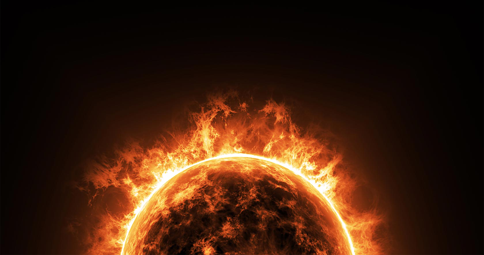An orange and black sun experiencing a solar flare on a black background.